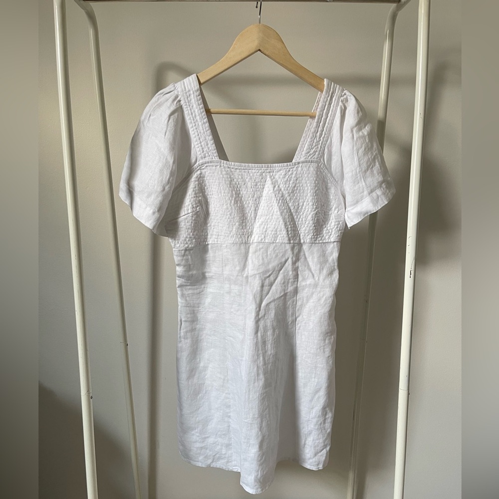 Madewell White Linen Square-Neck Mini Dress with Puff Sleeves